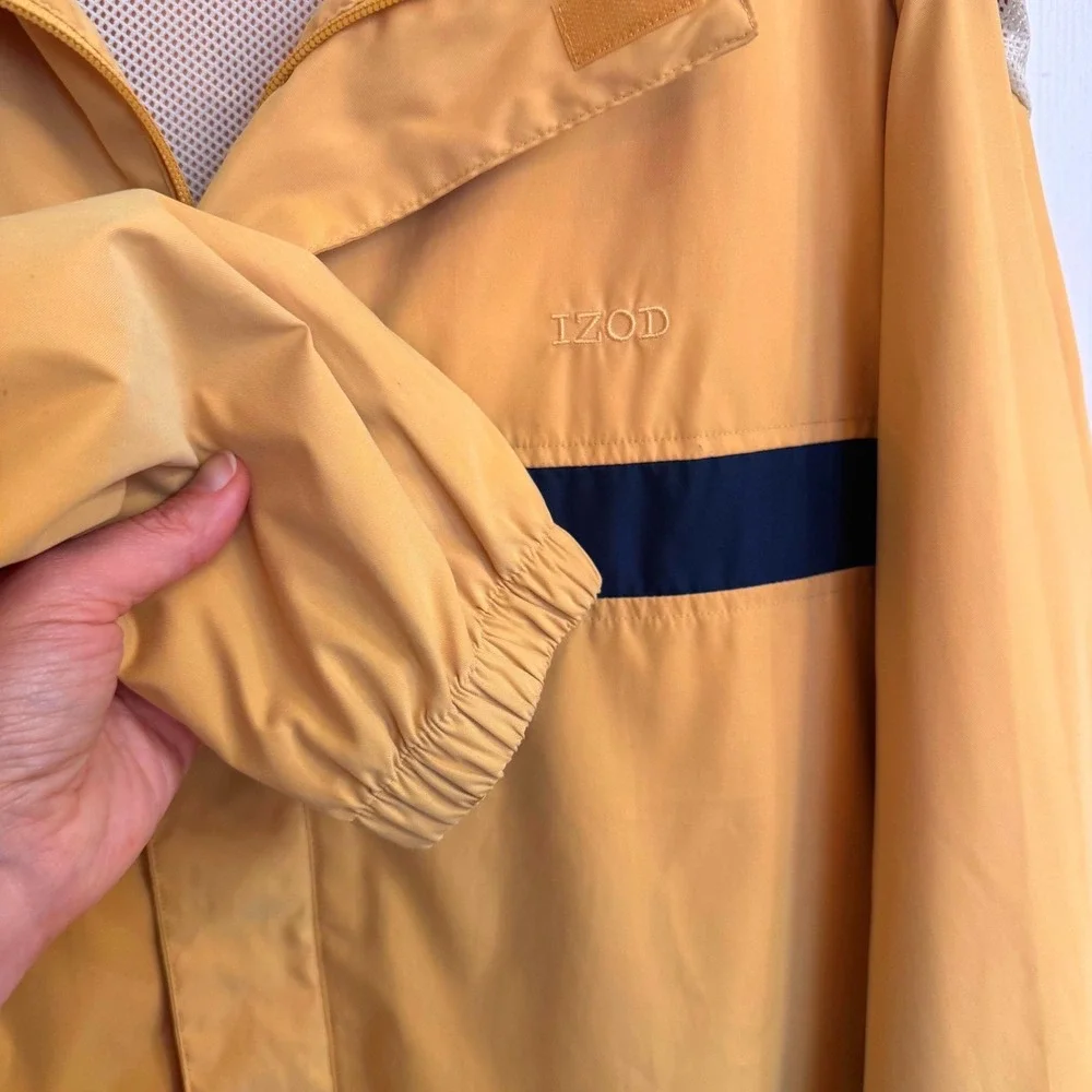 Izod Mens Windbreaker Jacket Tan Navy Blue Stripe Mesh Lined Full Zip Large‎